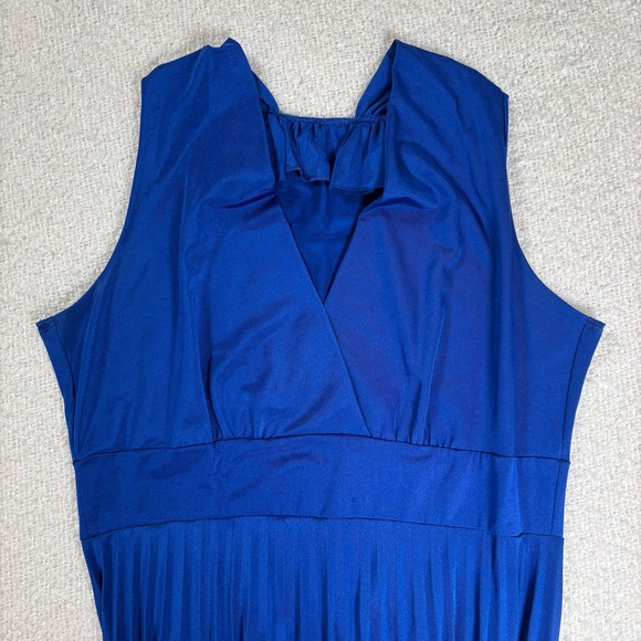 y2k flowy royal blue midi pleated dress short sleeve ruffles classy timeless - Picture 5 of 8